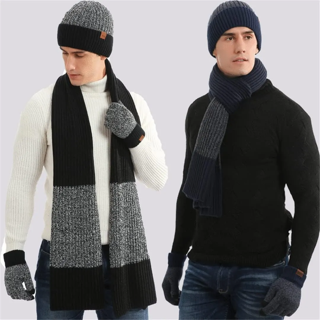 Winter Thick Woolen Hat Warm Suit Men and Women Blended Contrast Color Hat Scarf Gloves Three-Piece Suit