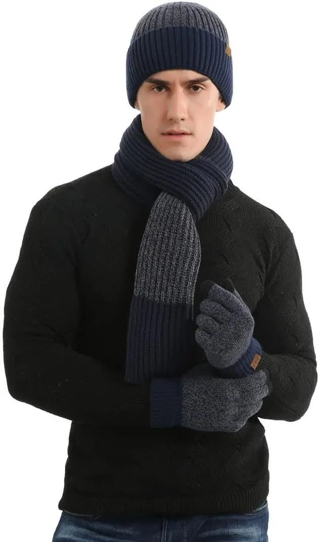 Winter Thick Woolen Hat Warm Suit Men and Women Blended Contrast Color Hat Scarf Gloves Three-Piece Suit
