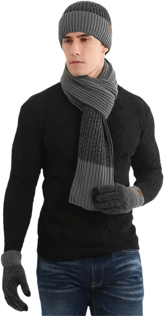 Winter Thick Woolen Hat Warm Suit Men and Women Blended Contrast Color Hat Scarf Gloves Three-Piece Suit