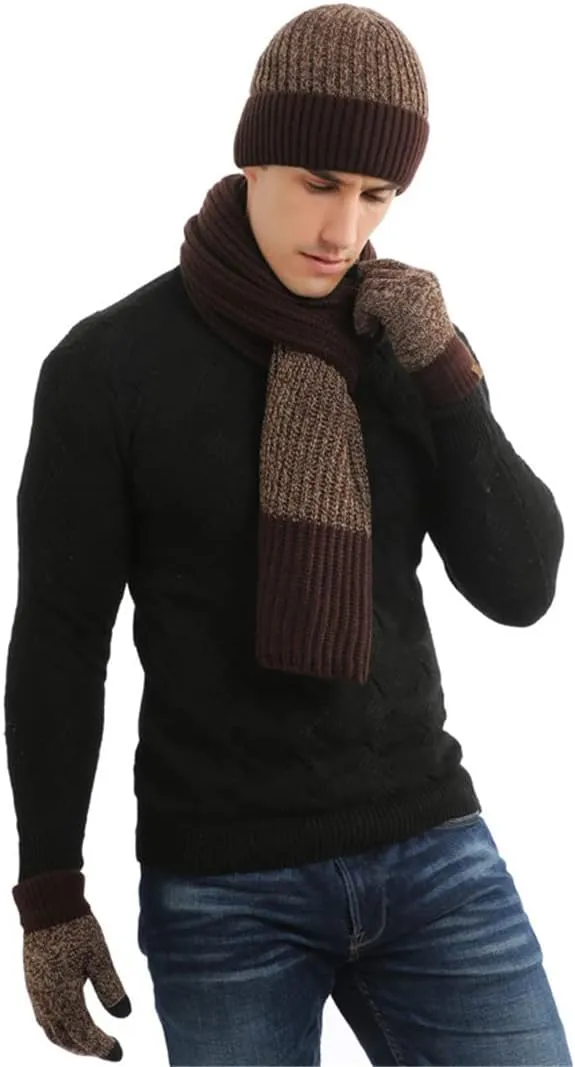 Winter Thick Woolen Hat Warm Suit Men and Women Blended Contrast Color Hat Scarf Gloves Three-Piece Suit
