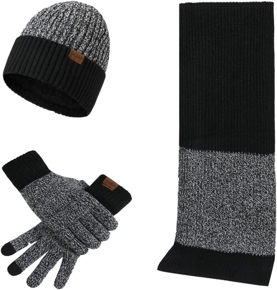 Winter Thick Woolen Hat Warm Suit Men and Women Blended Contrast Color Hat Scarf Gloves Three-Piece Suit