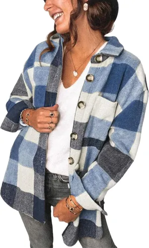 WIWIQS Women's Fall Plaid Flannel Jacket Casual Button Down Shirts Oversized Boyfriend Lapel Pockets Coats