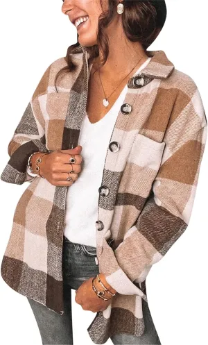WIWIQS Women's Fall Plaid Flannel Jacket Casual Button Down Shirts Oversized Boyfriend Lapel Pockets Coats