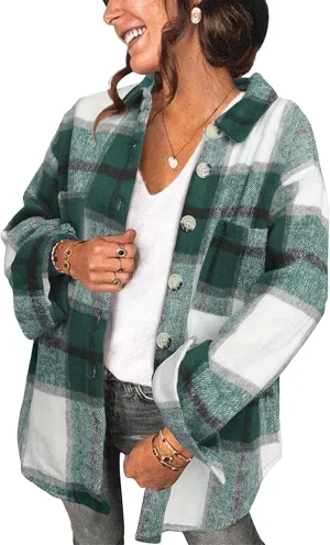 WIWIQS Women's Fall Plaid Flannel Jacket Casual Button Down Shirts Oversized Boyfriend Lapel Pockets Coats