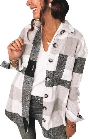WIWIQS Women's Fall Plaid Flannel Jacket Casual Button Down Shirts Oversized Boyfriend Lapel Pockets Coats