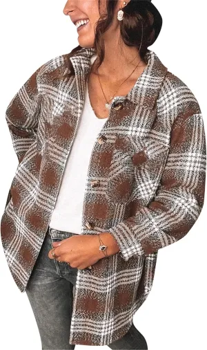 WIWIQS Women's Fall Plaid Flannel Jacket Casual Button Down Shirts Oversized Boyfriend Lapel Pockets Coats