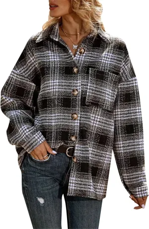 WIWIQS Women's Fall Plaid Flannel Jacket Casual Button Down Shirts Oversized Boyfriend Lapel Pockets Coats