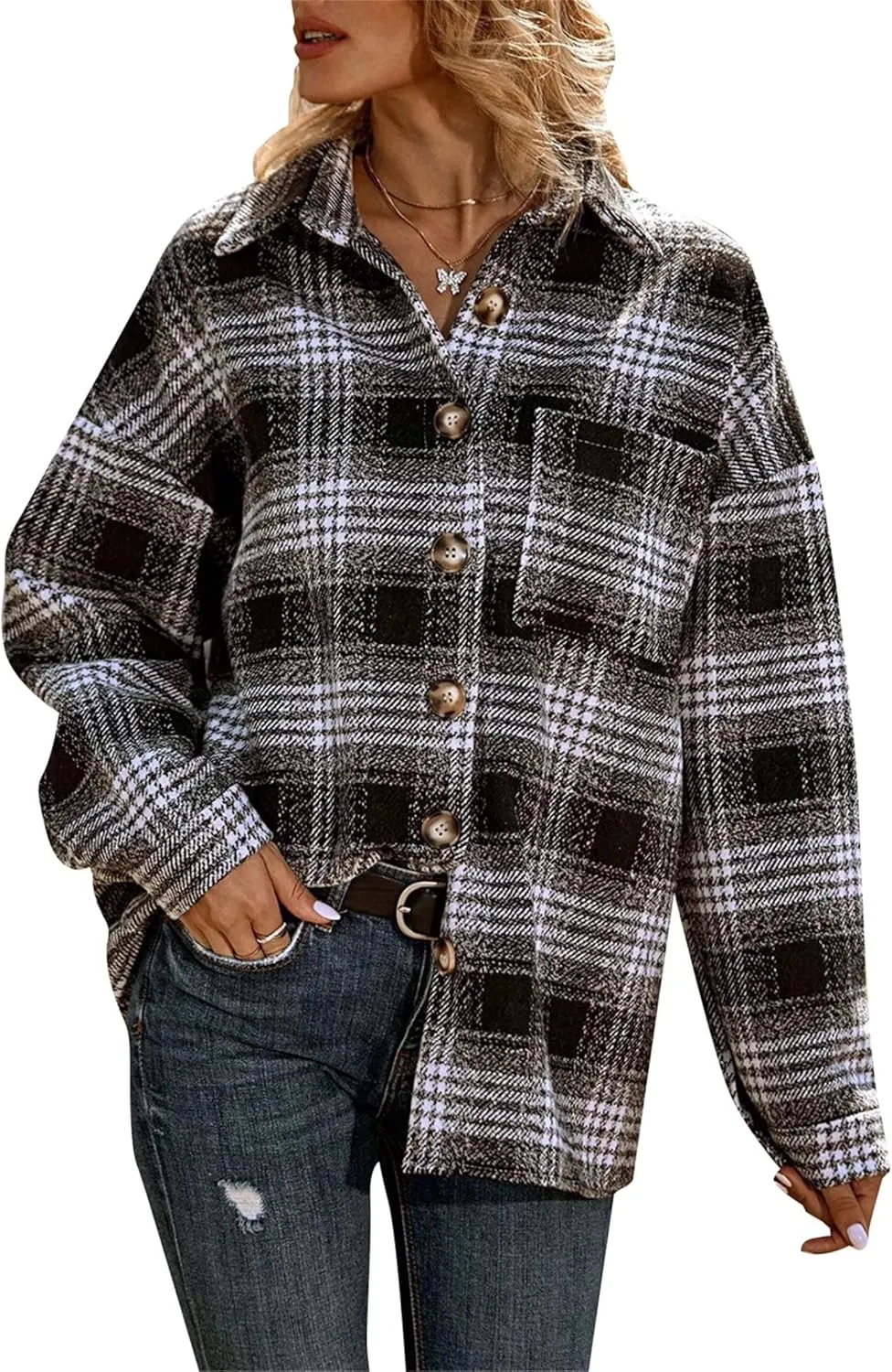 WIWIQS Women's Fall Plaid Flannel Jacket Casual Button Down Shirts Oversized Boyfriend Lapel Pockets Coats