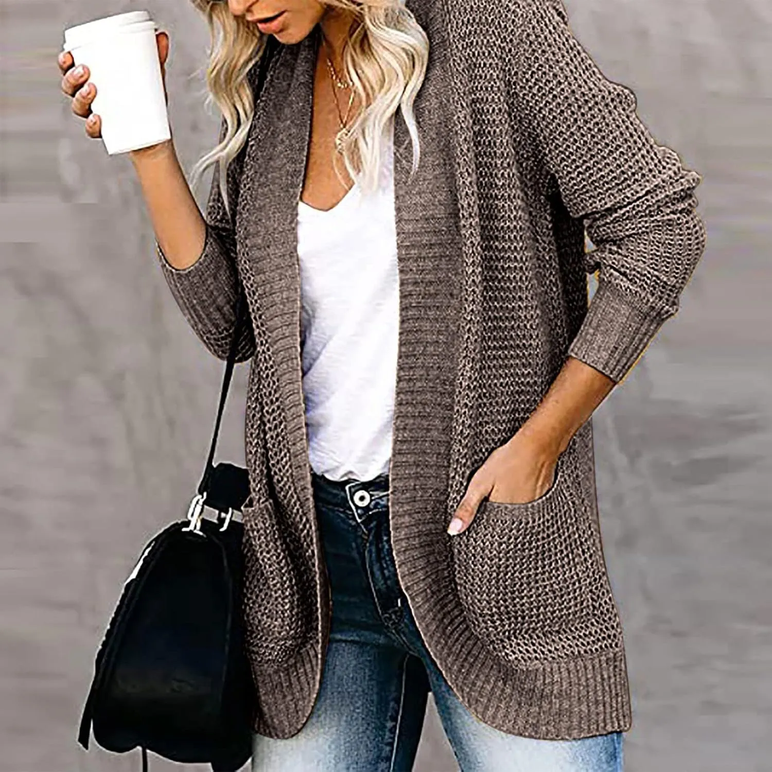 Wkishenl Womens Loose Open Front Cardigan Long Sleeve Chunky Coat Casual Lightweight Soft Knit Sweaters Outwear with Pockets