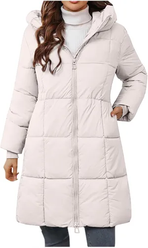 wodceeke Women's Long Hooded Down Coats Waterproof Puffer Jacket Winter Warm Cotton Padded Windbreaker Overcoat
