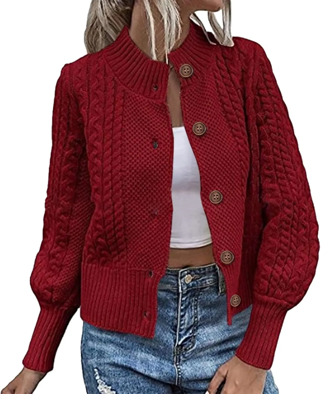 Women Cable Knit Sweater Coat Classic Stand Collar Long Sleeve Button Down Cardigan Outwear Fashion Knit Clothes Coats