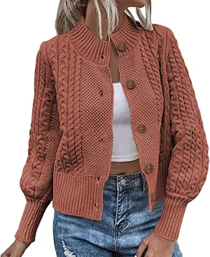 Women Cable Knit Sweater Coat Classic Stand Collar Long Sleeve Button Down Cardigan Outwear Fashion Knit Clothes Coats