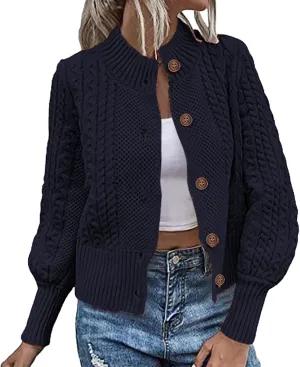 Women Cable Knit Sweater Coat Classic Stand Collar Long Sleeve Button Down Cardigan Outwear Fashion Knit Clothes Coats