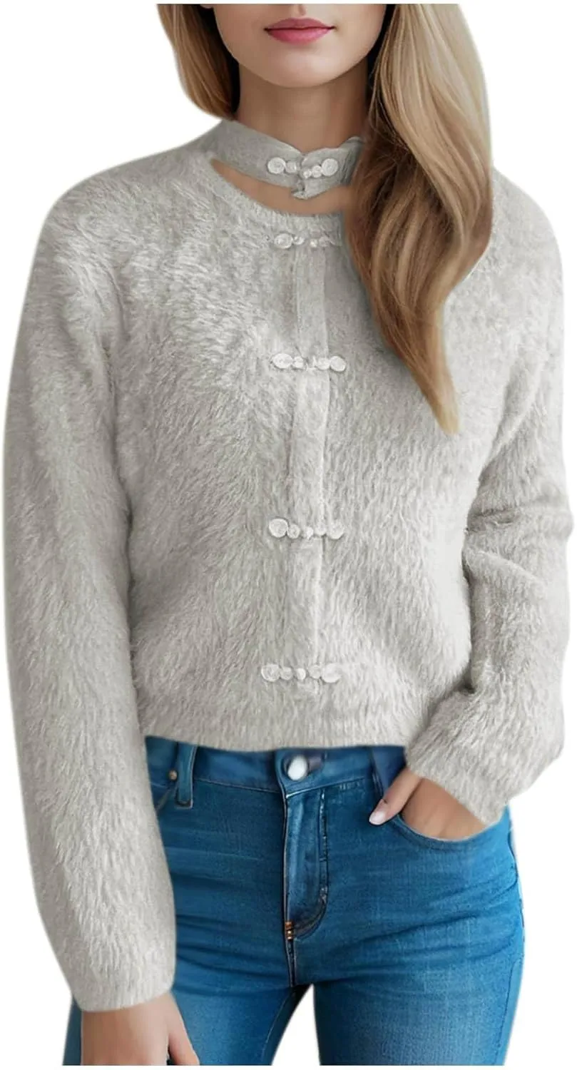Women Crewneck Solid Cardigan Trendy Casual Button Down Sweaters Long Sleeve Knitwear Sweater Top Fall Fashion Outwear