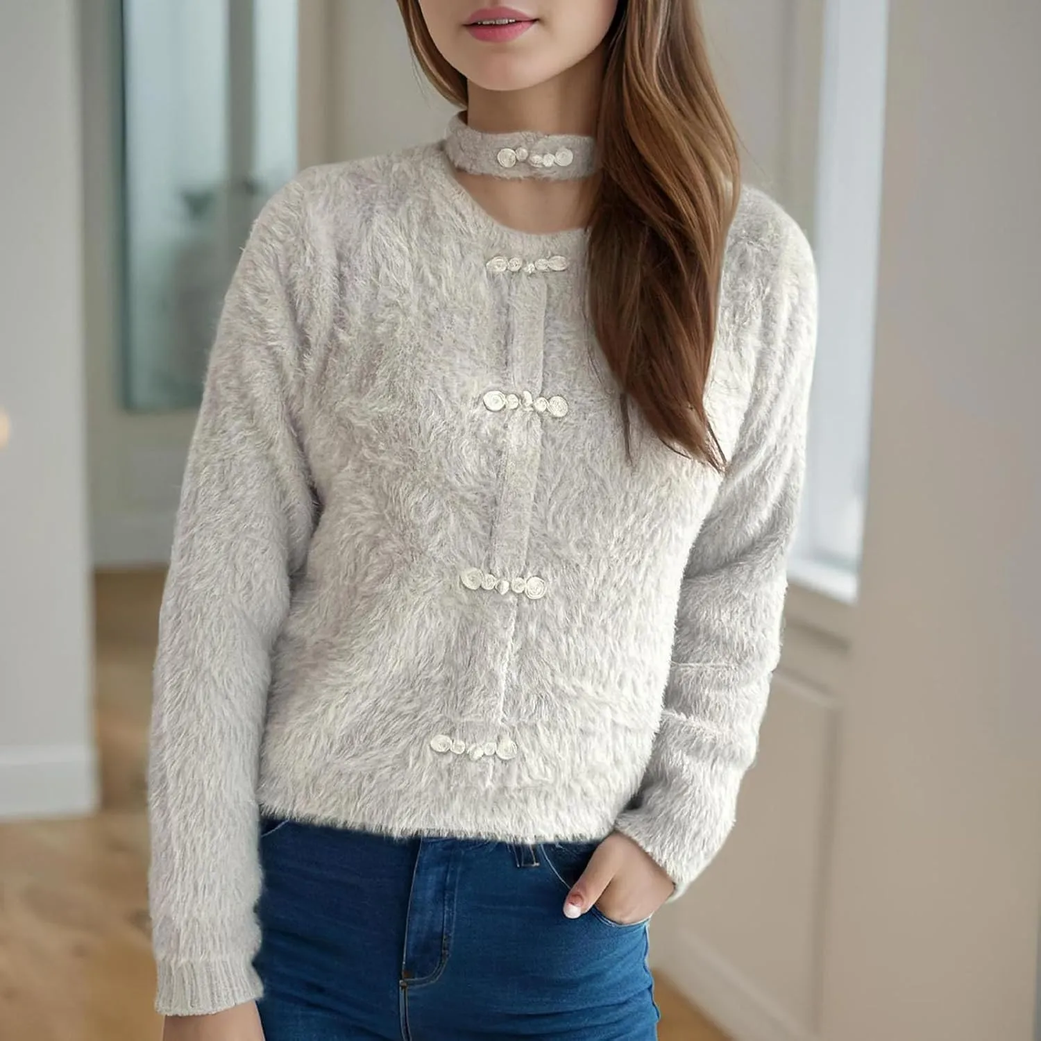 Women Crewneck Solid Cardigan Trendy Casual Button Down Sweaters Long Sleeve Knitwear Sweater Top Fall Fashion Outwear