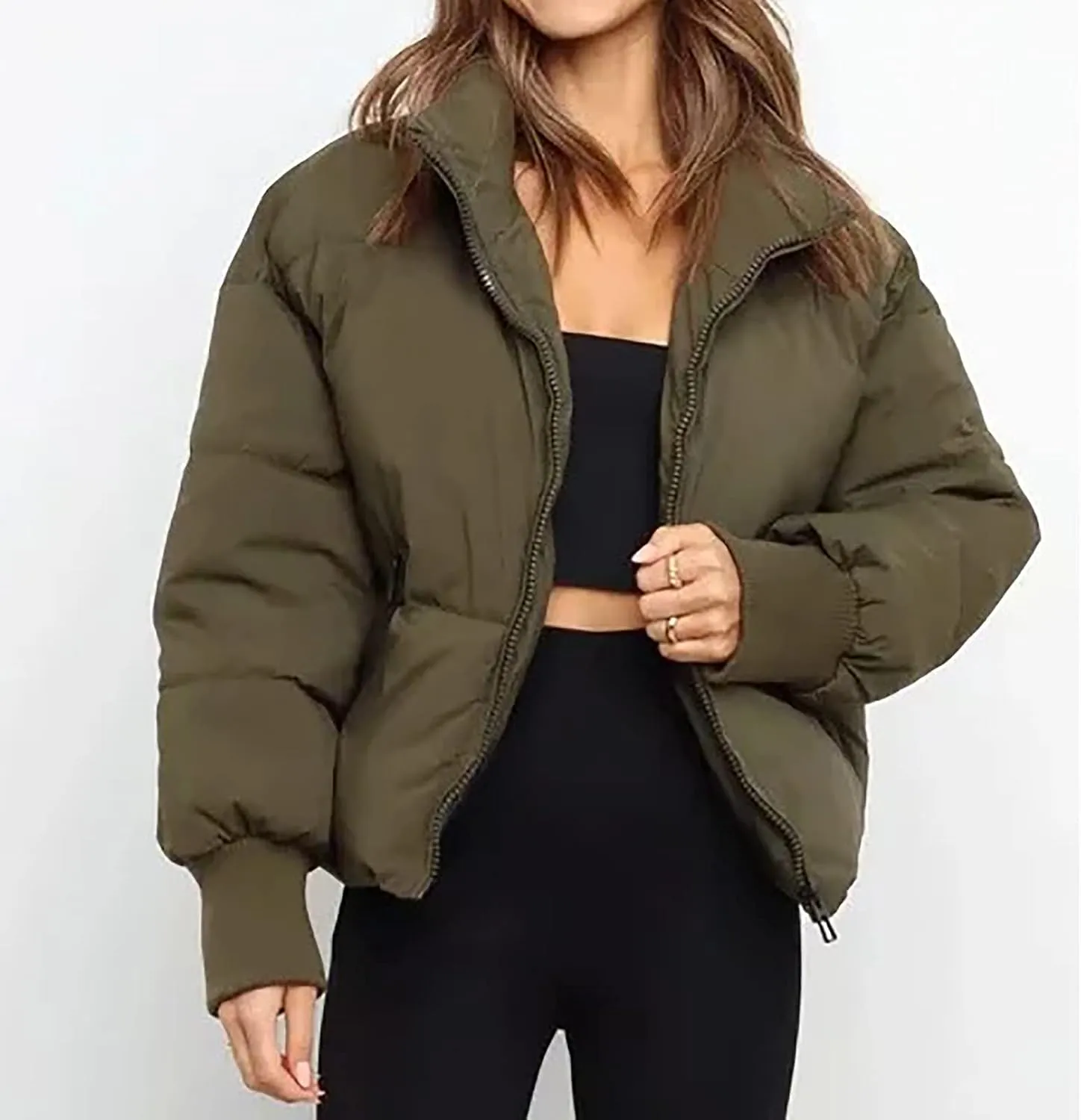 Women Cropped Puffer Jacket Winter Zip Up Short Padded Down Coat Long Sleeve Casual Quilted Baggy Short Padded Jacket