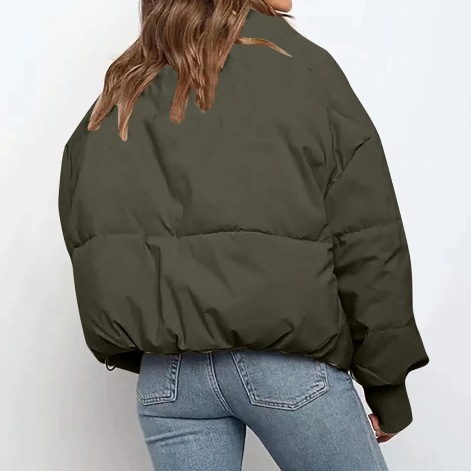 Women Cropped Puffer Jacket Winter Zip Up Short Padded Down Coat Long Sleeve Casual Quilted Baggy Short Padded Jacket