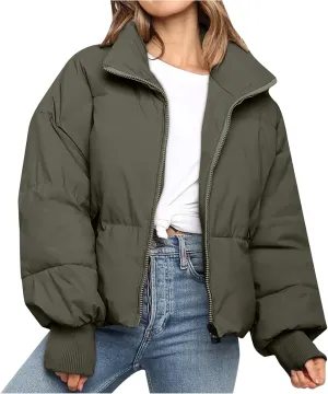 Women Cropped Puffer Jacket Winter Zip Up Short Padded Down Coat Long Sleeve Casual Quilted Baggy Short Padded Jacket