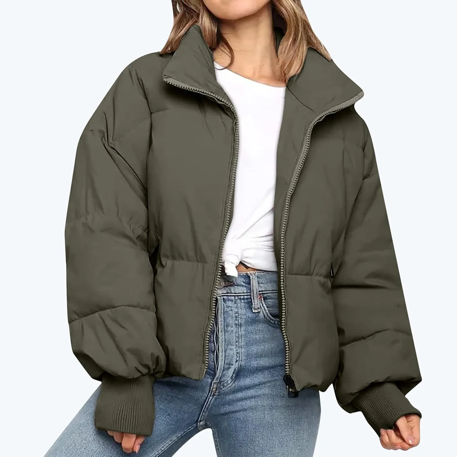 Women Cropped Puffer Jacket Winter Zip Up Short Padded Down Coat Long Sleeve Casual Quilted Baggy Short Padded Jacket