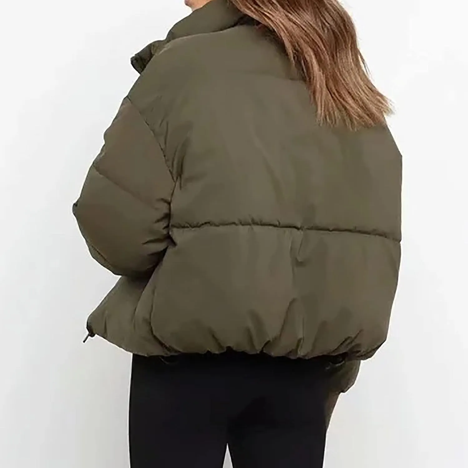 Women Cropped Puffer Jacket Winter Zip Up Short Padded Down Coat Long Sleeve Casual Quilted Baggy Short Padded Jacket