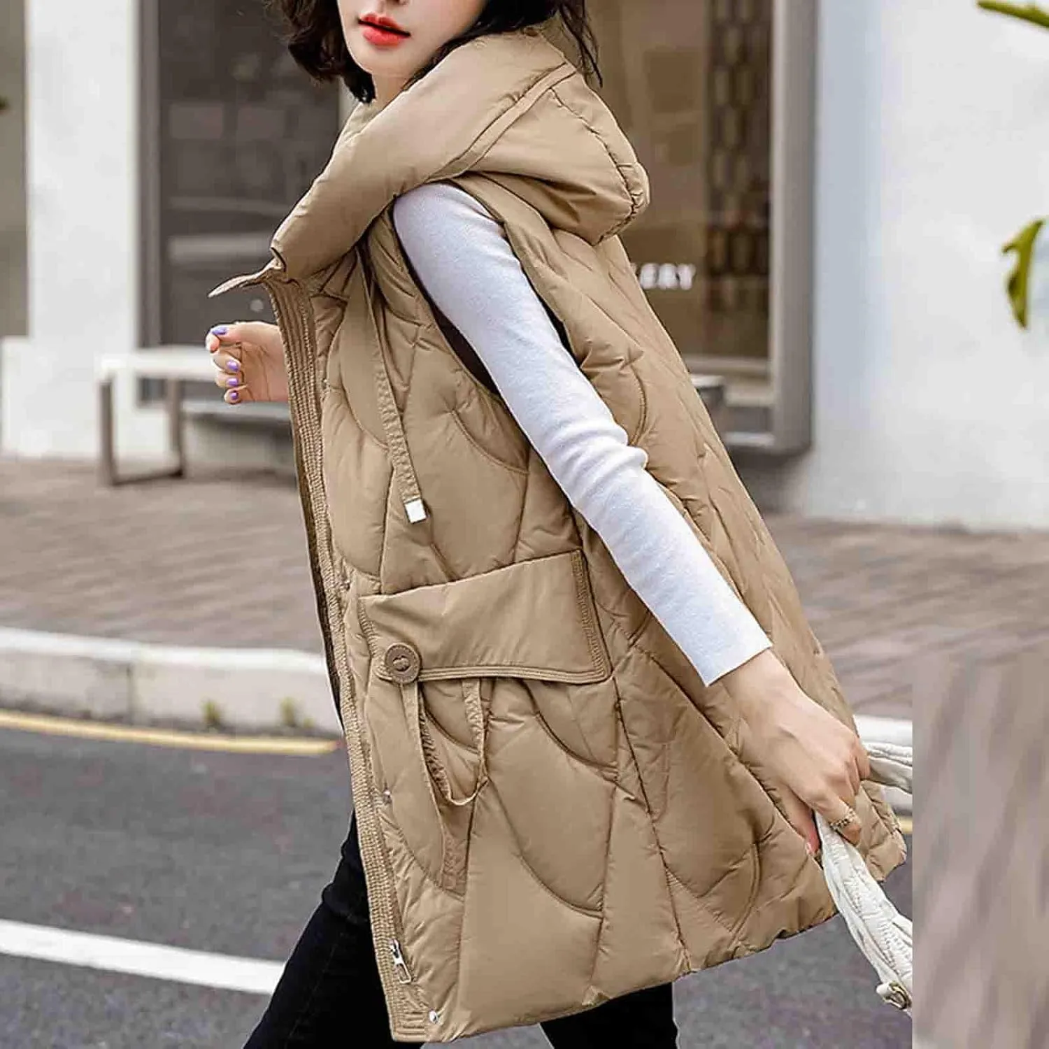 Women Drawstring Style Cotton Insulated Vest Winter Hooded Sleeveless Padded Jackets Puffy Long Gilet with Pockets