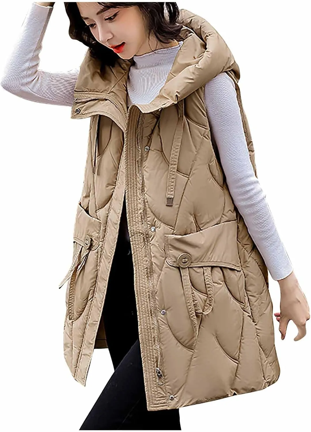 Women Drawstring Style Cotton Insulated Vest Winter Hooded Sleeveless Padded Jackets Puffy Long Gilet with Pockets