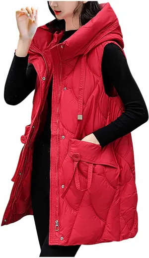 Women Drawstring Style Cotton Insulated Vest Winter Hooded Sleeveless Padded Jackets Puffy Long Gilet with Pockets