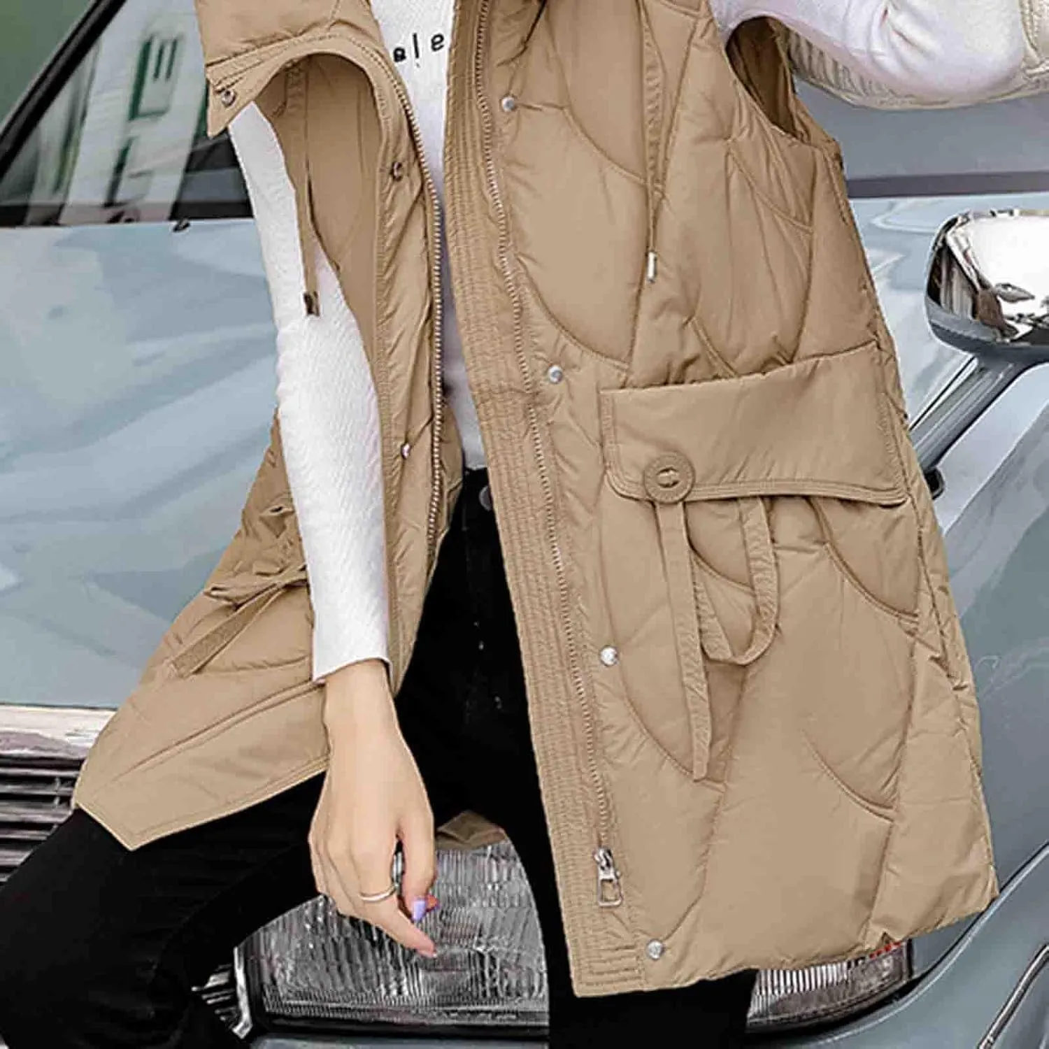 Women Drawstring Style Cotton Insulated Vest Winter Hooded Sleeveless Padded Jackets Puffy Long Gilet with Pockets