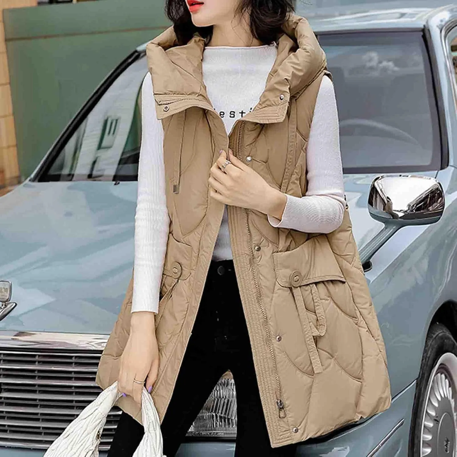 Women Drawstring Style Cotton Insulated Vest Winter Hooded Sleeveless Padded Jackets Puffy Long Gilet with Pockets