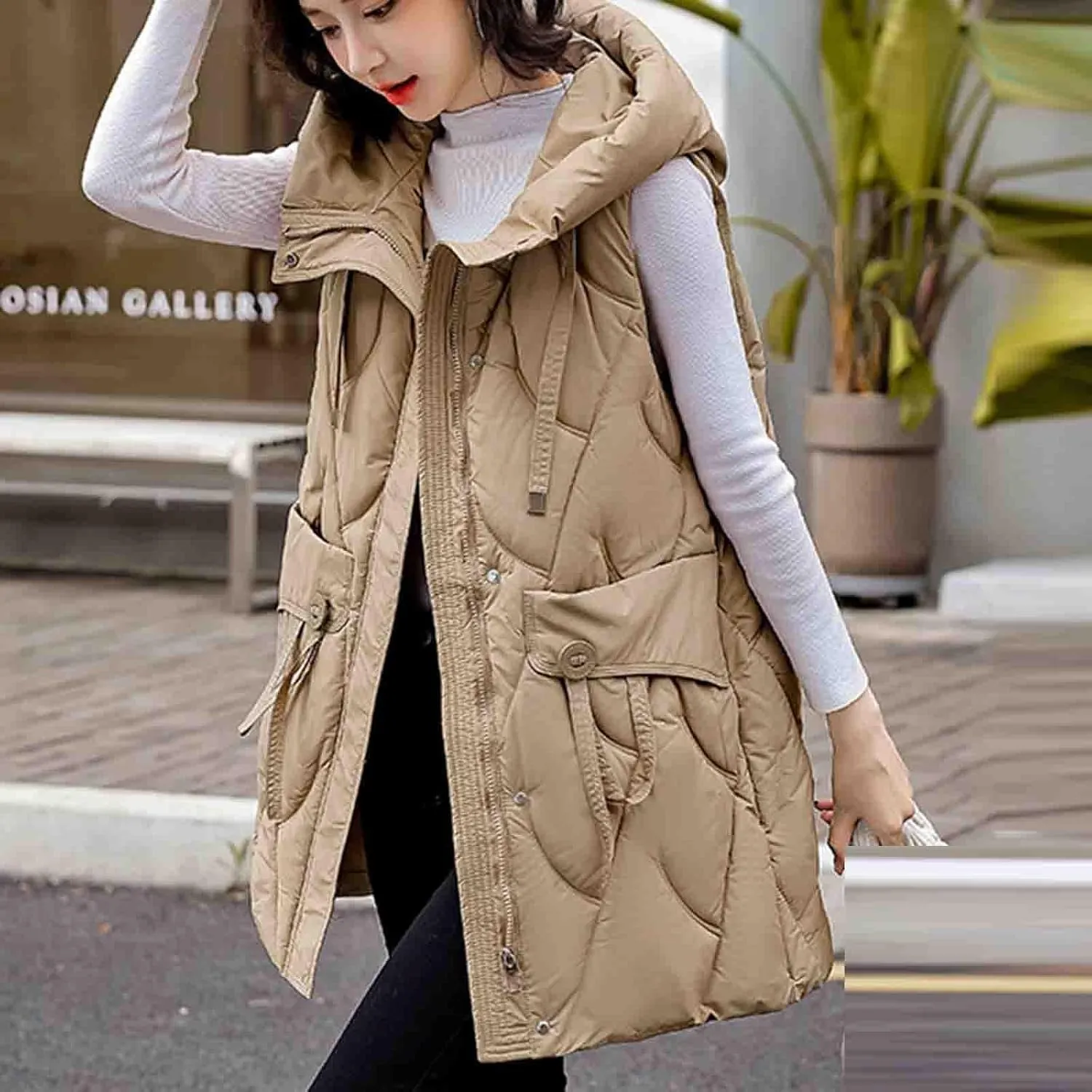 Women Drawstring Style Cotton Insulated Vest Winter Hooded Sleeveless Padded Jackets Puffy Long Gilet with Pockets