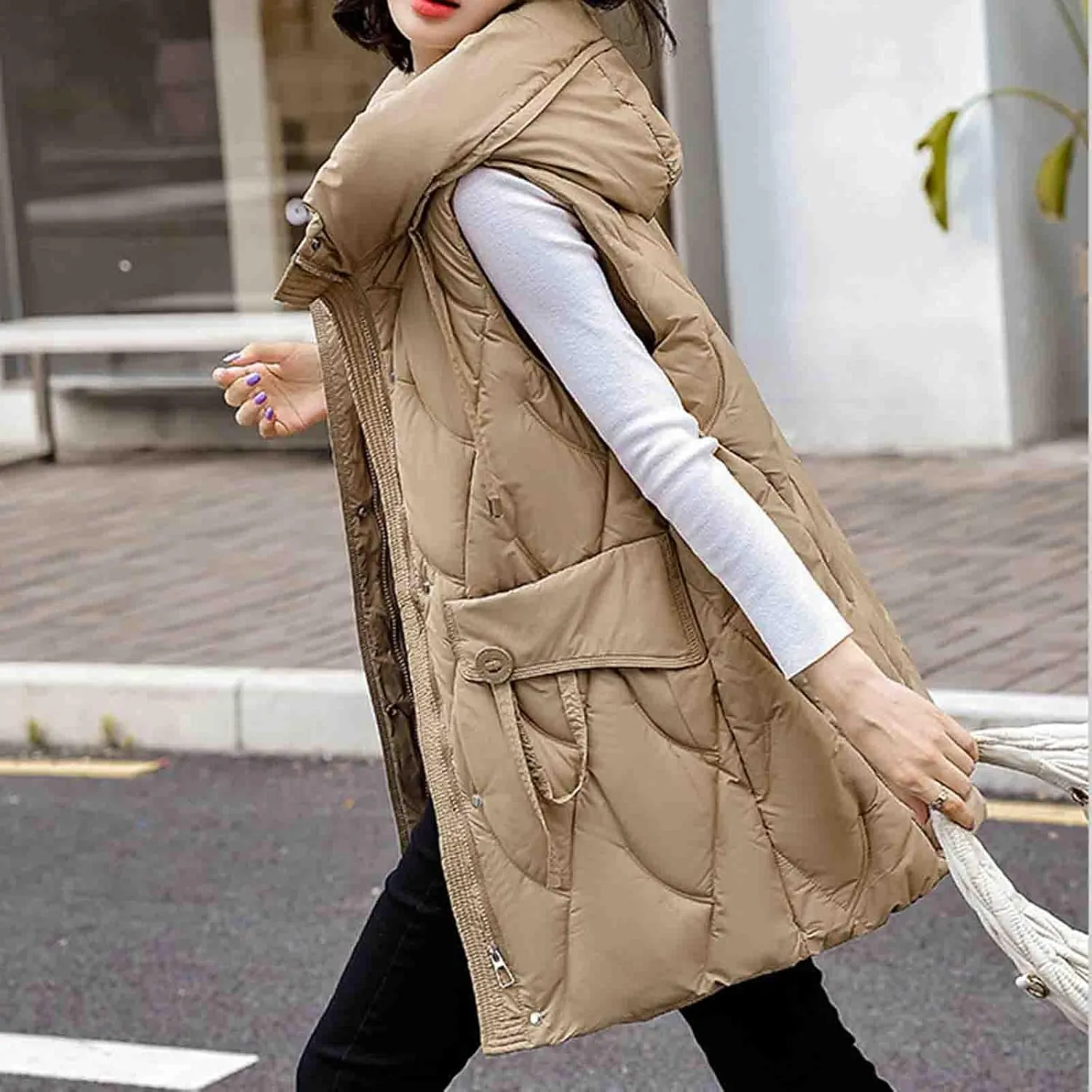 Women Drawstring Style Cotton Insulated Vest Winter Hooded Sleeveless Padded Jackets Puffy Long Gilet with Pockets
