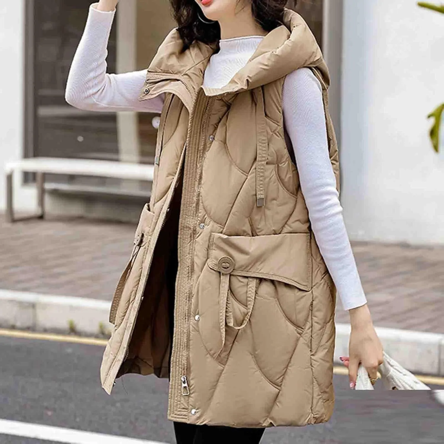Women Drawstring Style Cotton Insulated Vest Winter Hooded Sleeveless Padded Jackets Puffy Long Gilet with Pockets