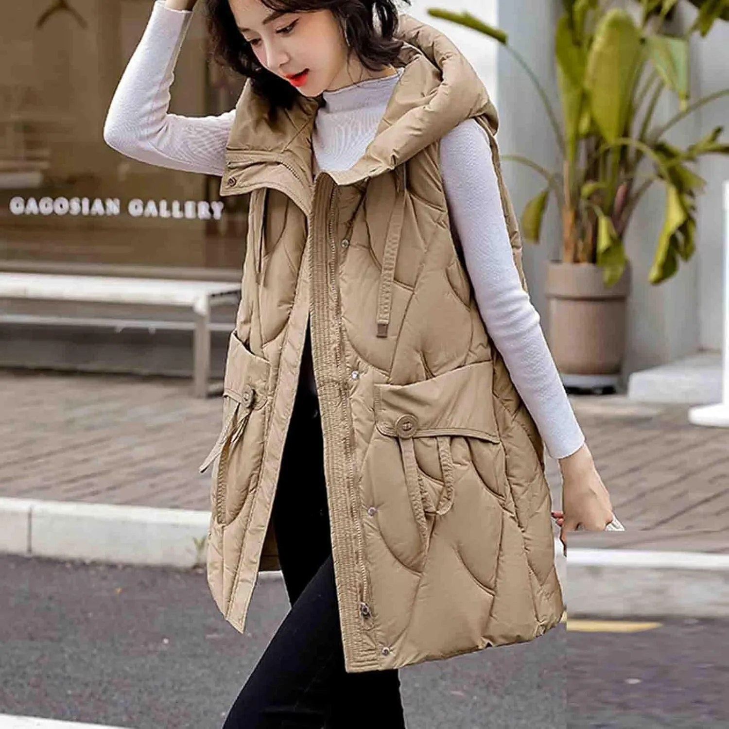 Women Drawstring Style Cotton Insulated Vest Winter Hooded Sleeveless Padded Jackets Puffy Long Gilet with Pockets