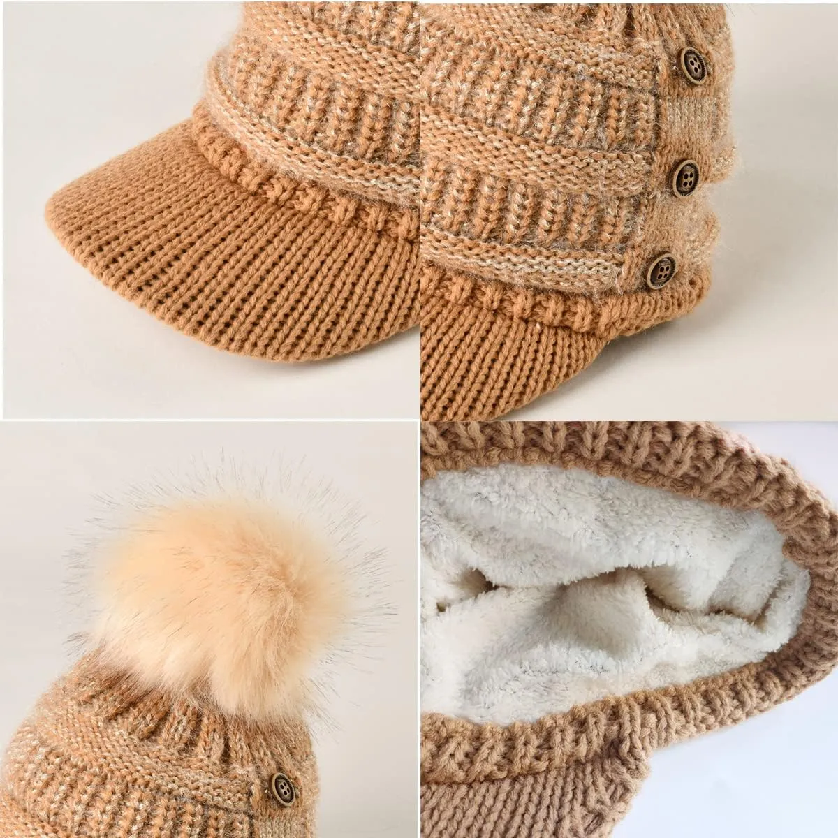 Women Fleece Lined Beanie with Brim Visor Girls Knit Ski Cap Winter Warm Hats with Faux Fur Pom Pom