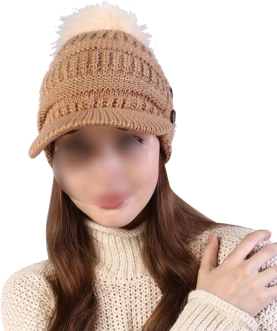 Women Fleece Lined Beanie with Brim Visor Girls Knit Ski Cap Winter Warm Hats with Faux Fur Pom Pom