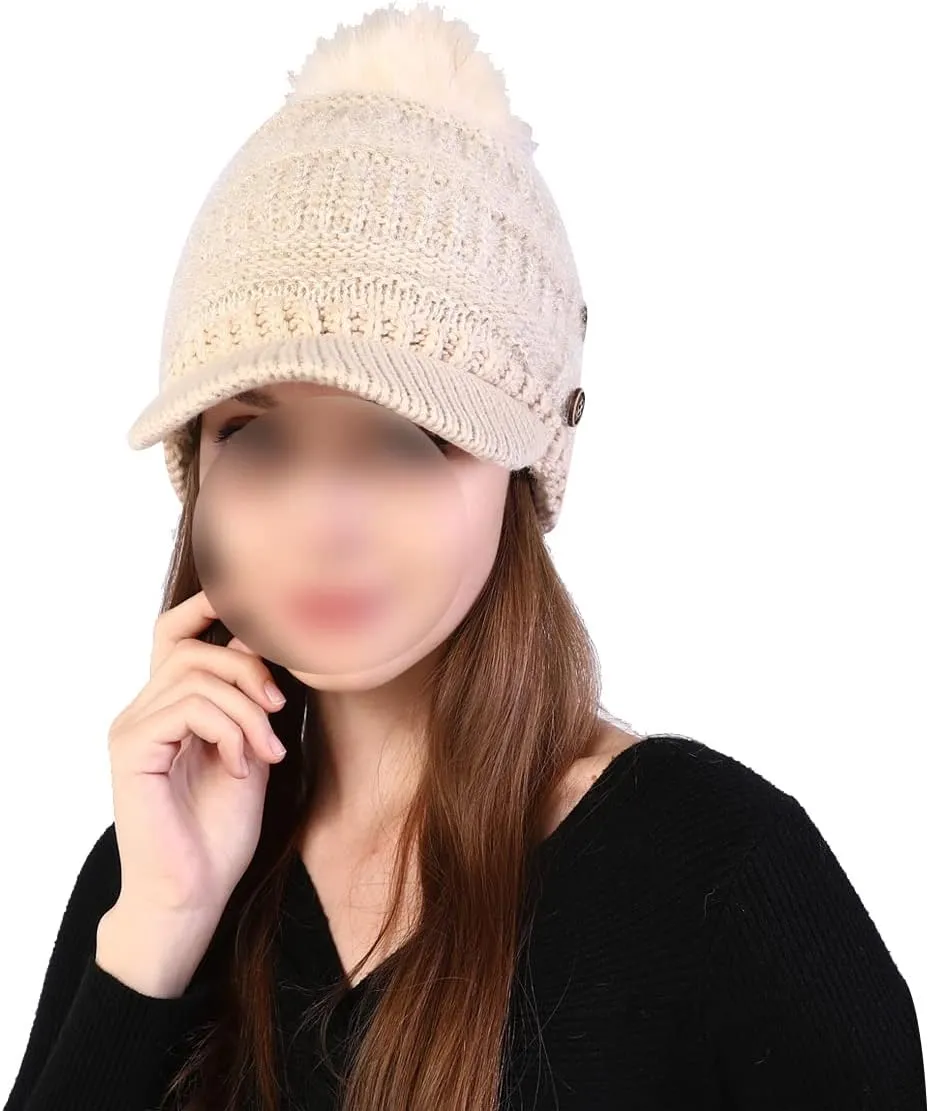 Women Fleece Lined Beanie with Brim Visor Girls Knit Ski Cap Winter Warm Hats with Faux Fur Pom Pom