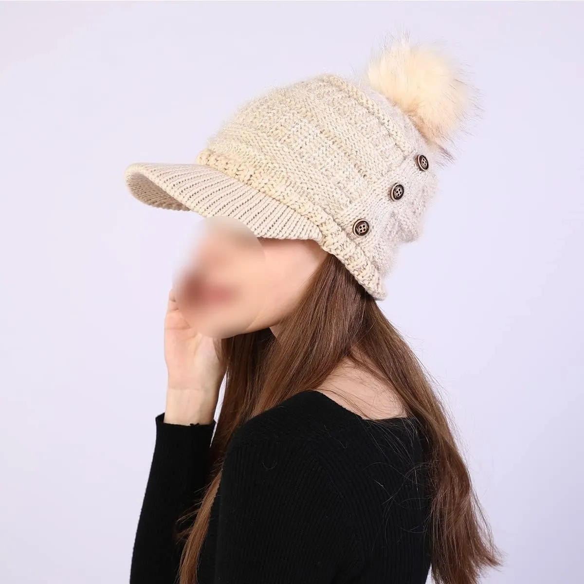Women Fleece Lined Beanie with Brim Visor Girls Knit Ski Cap Winter Warm Hats with Faux Fur Pom Pom