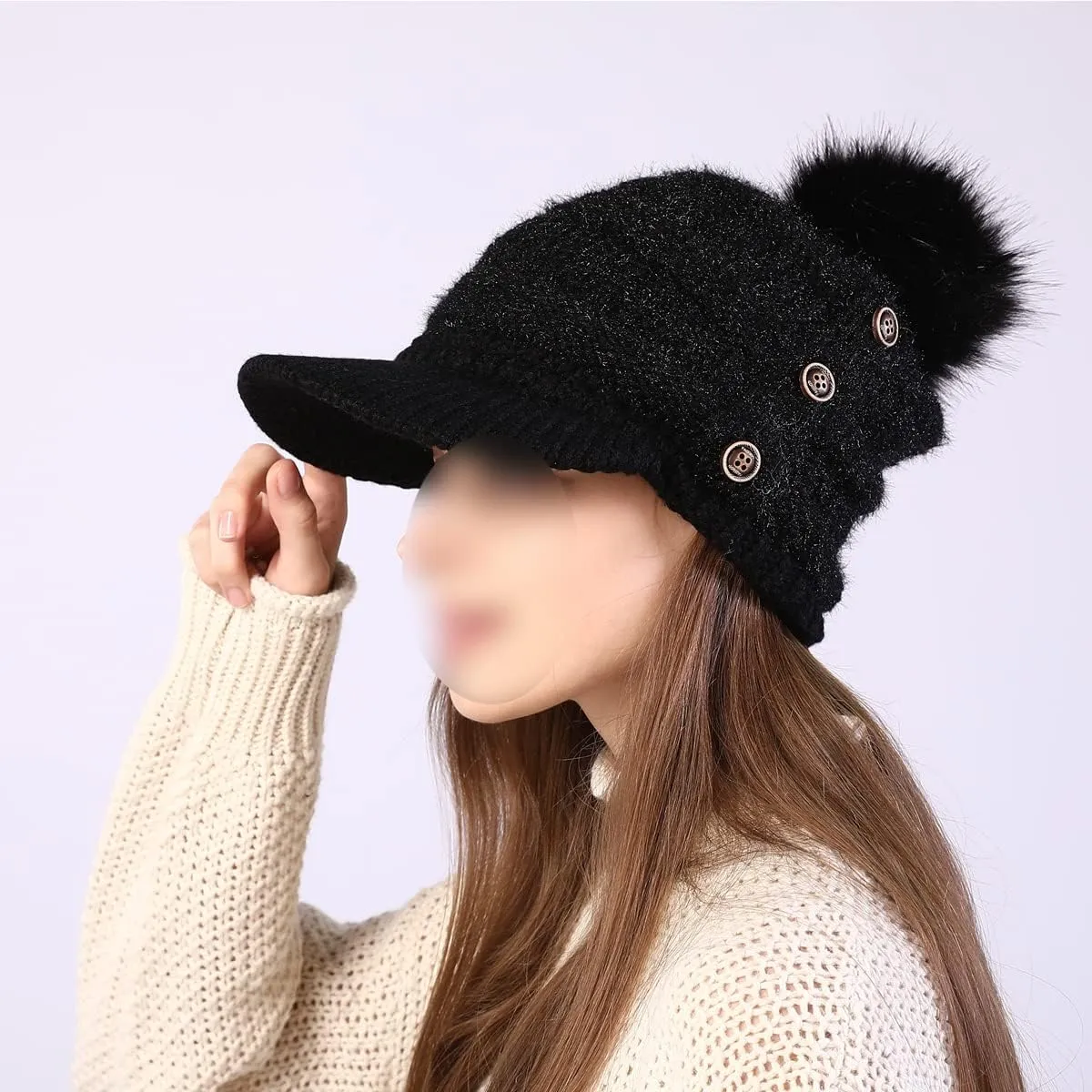 Women Fleece Lined Beanie with Brim Visor Girls Knit Ski Cap Winter Warm Hats with Faux Fur Pom Pom