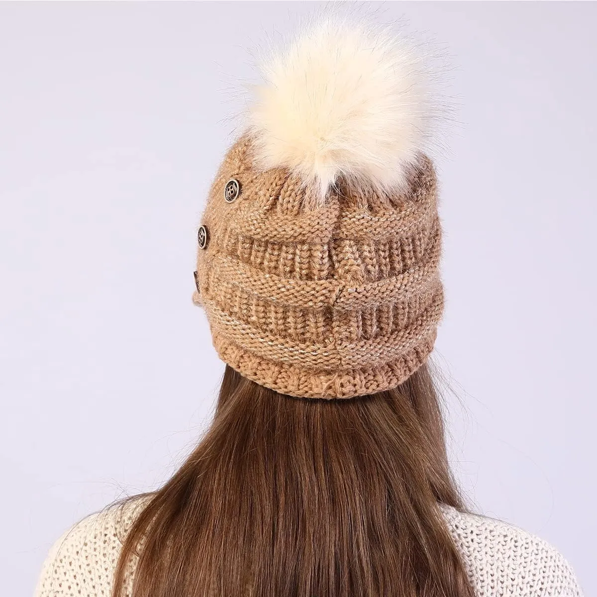 Women Fleece Lined Beanie with Brim Visor Girls Knit Ski Cap Winter Warm Hats with Faux Fur Pom Pom