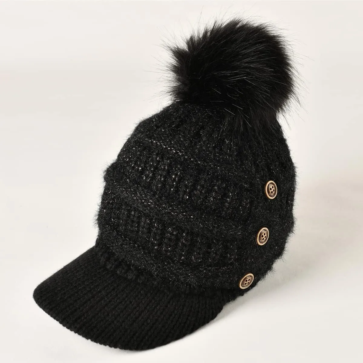 Women Fleece Lined Beanie with Brim Visor Girls Knit Ski Cap Winter Warm Hats with Faux Fur Pom Pom