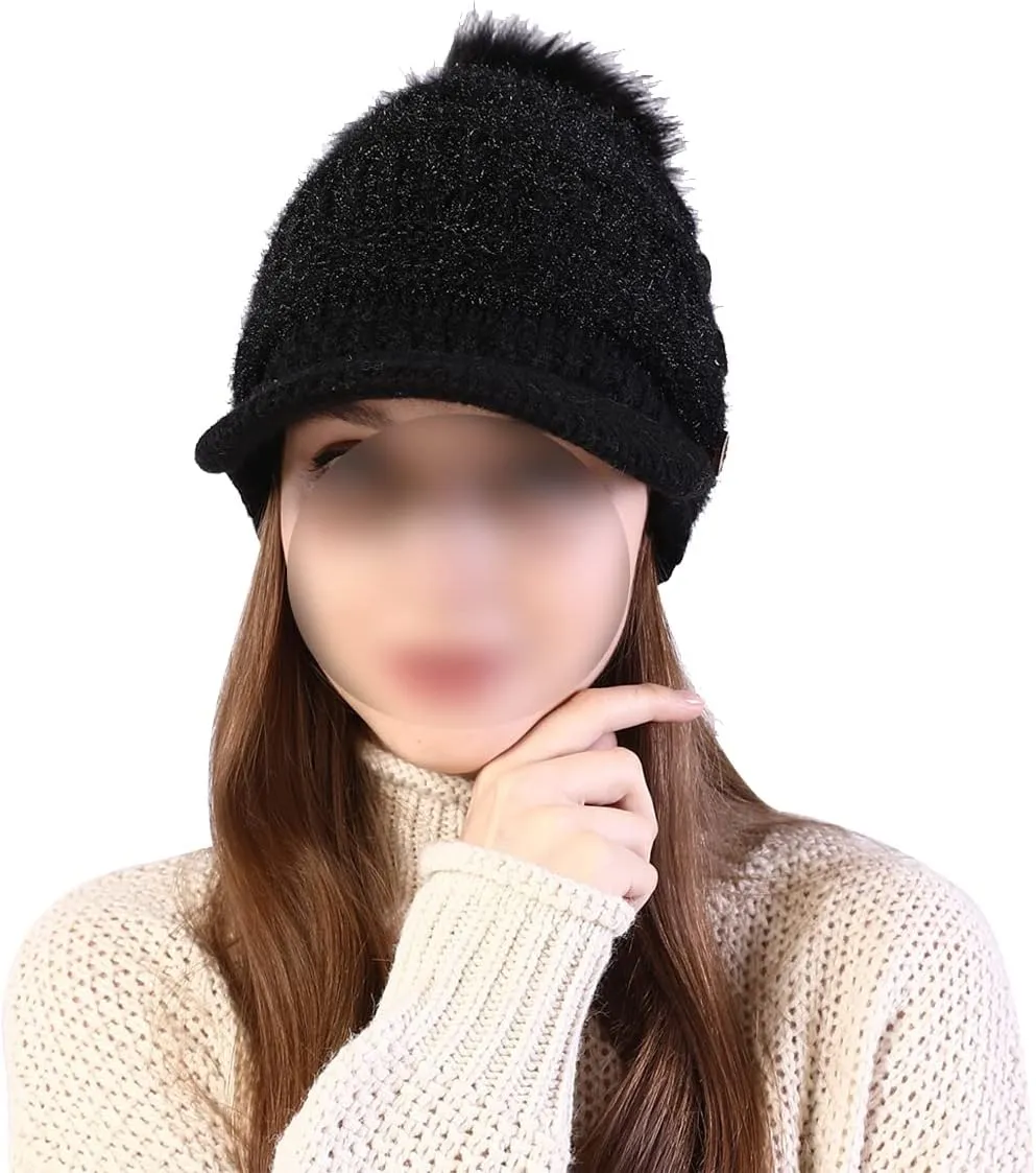 Women Fleece Lined Beanie with Brim Visor Girls Knit Ski Cap Winter Warm Hats with Faux Fur Pom Pom
