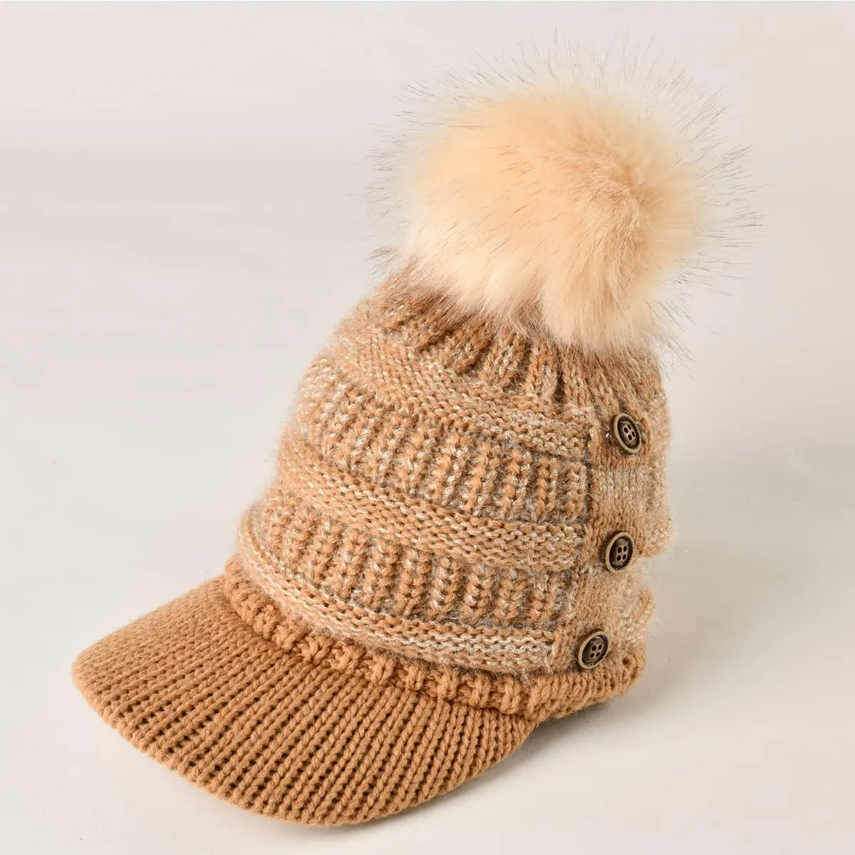 Women Fleece Lined Beanie with Brim Visor Girls Knit Ski Cap Winter Warm Hats with Faux Fur Pom Pom