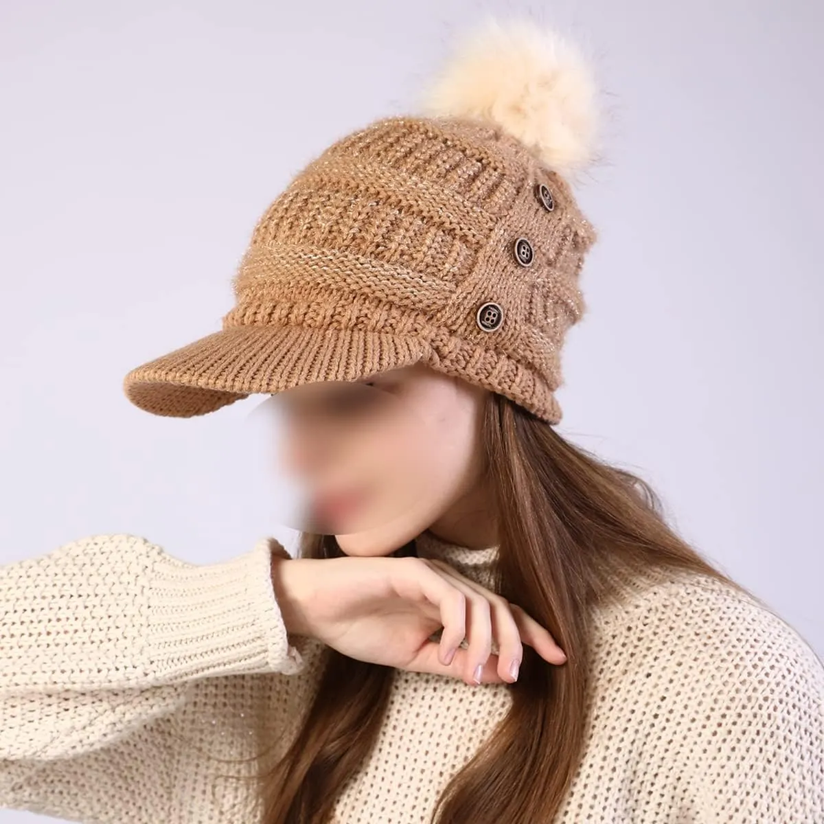 Women Fleece Lined Beanie with Brim Visor Girls Knit Ski Cap Winter Warm Hats with Faux Fur Pom Pom