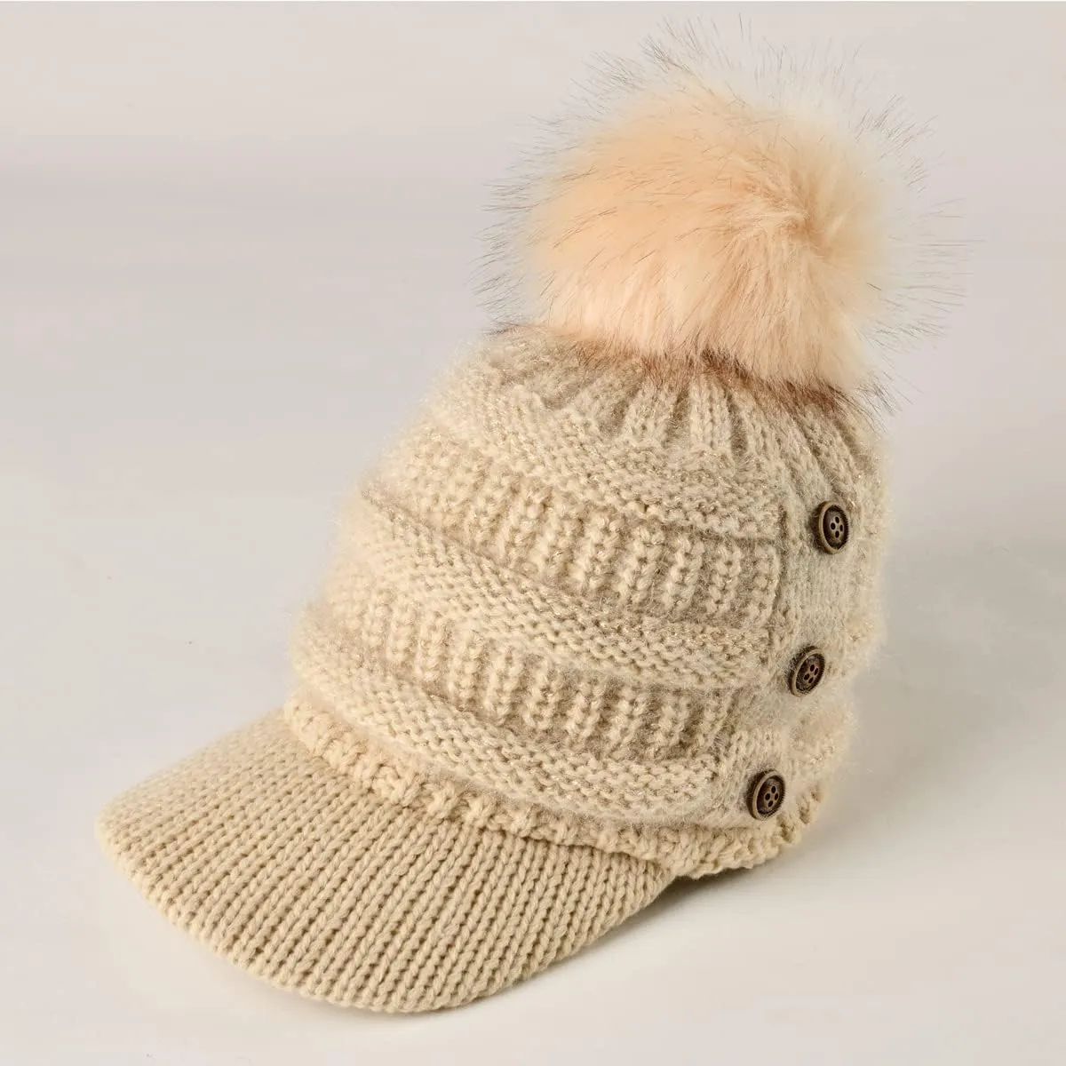 Women Fleece Lined Beanie with Brim Visor Girls Knit Ski Cap Winter Warm Hats with Faux Fur Pom Pom