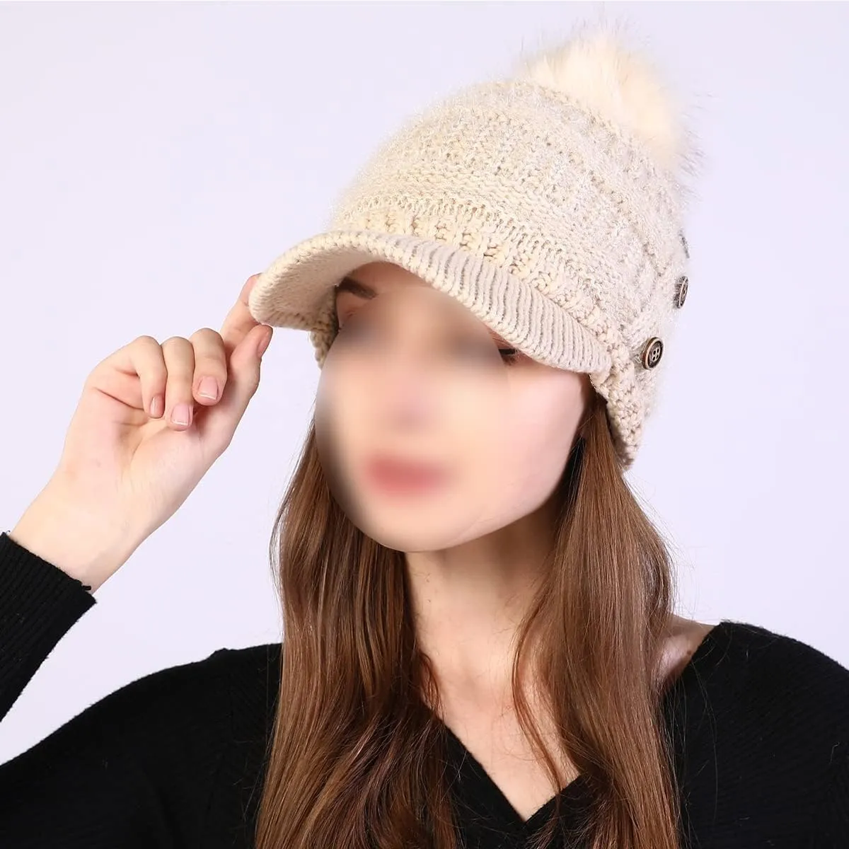 Women Fleece Lined Beanie with Brim Visor Girls Knit Ski Cap Winter Warm Hats with Faux Fur Pom Pom