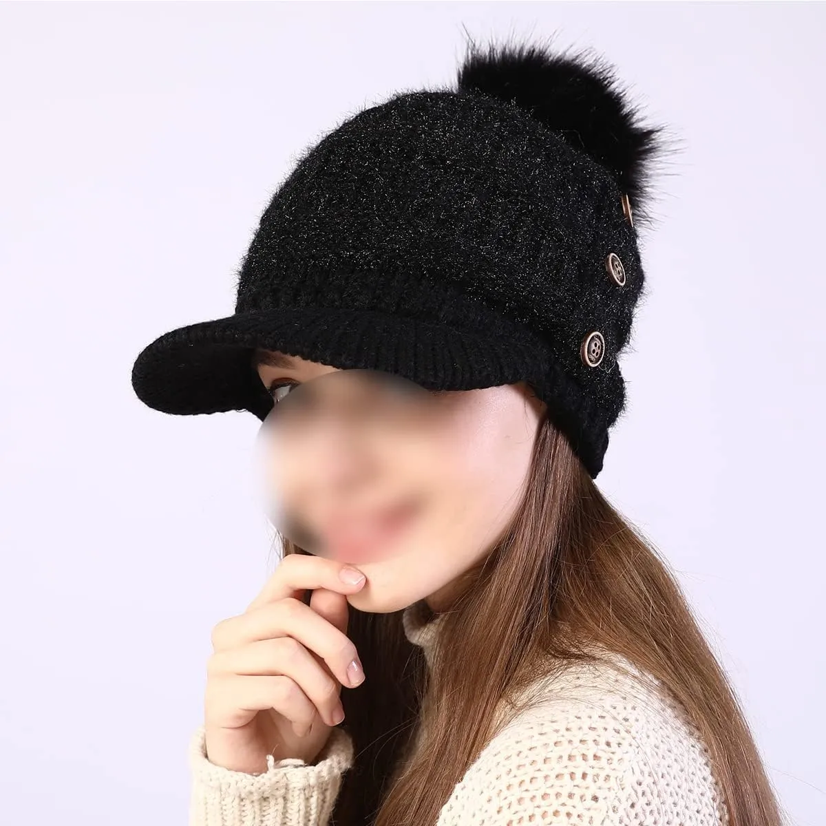 Women Fleece Lined Beanie with Brim Visor Girls Knit Ski Cap Winter Warm Hats with Faux Fur Pom Pom