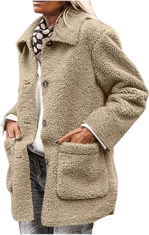 Women Fuzzy Fleece Jackets Warm Sherpa Cardigan Open Front Fleece Coat Long Sleeve Button Down Jacket Casual Winter Coat