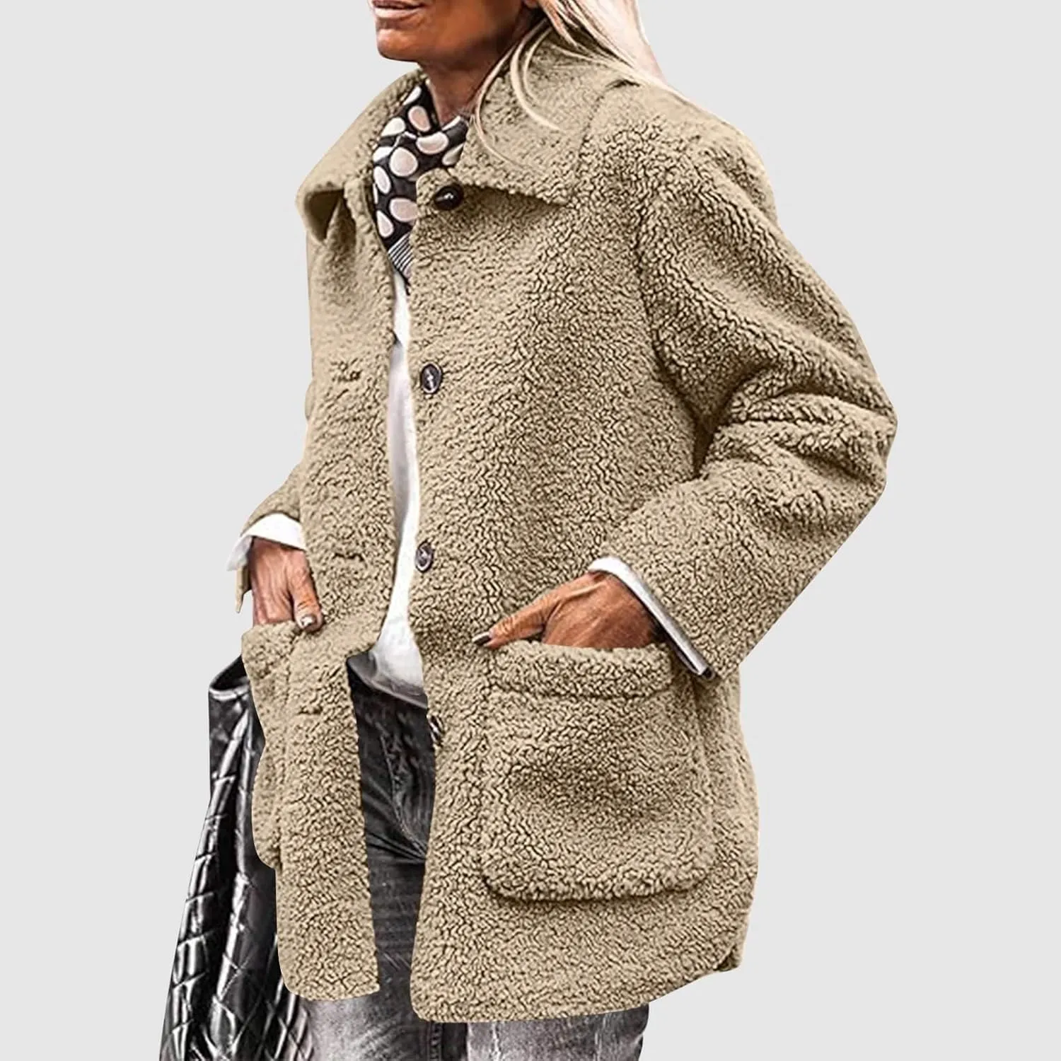 Women Fuzzy Fleece Jackets Warm Sherpa Cardigan Open Front Fleece Coat Long Sleeve Button Down Jacket Casual Winter Coat