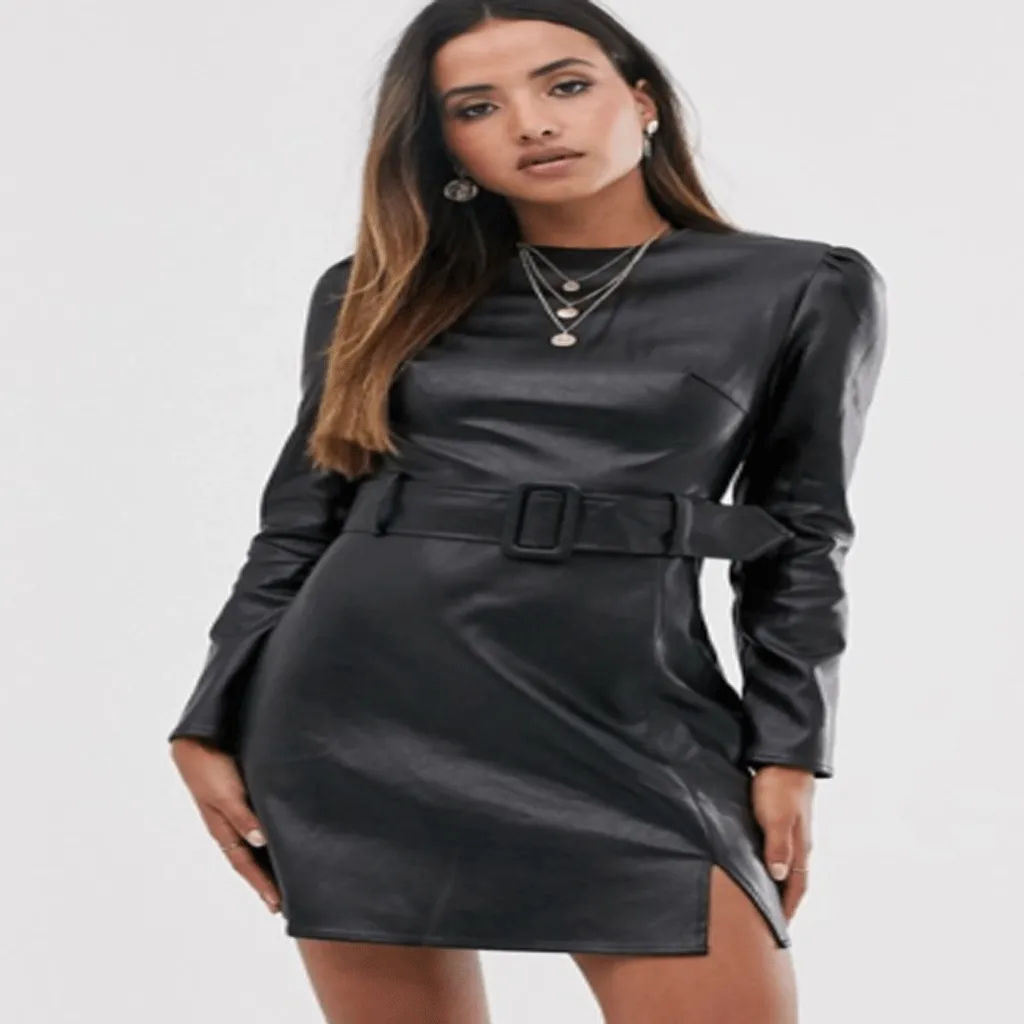 Women Genuine Leather Black Dress Short/Mini Bodycon Leather Overall With Belt