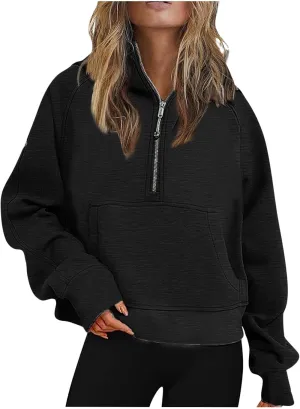 Women Half Zip Cropped Hoodies Fleece Quarter Zip Up Pullover Sweatshirts Winter Clothes 2023 Outfits Sweater